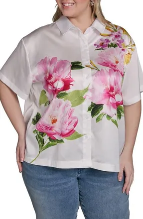 Karl Lagerfeld Floral Placement Print Button-Up Shirt in Soft White Multi at Nordstrom, Size 1X