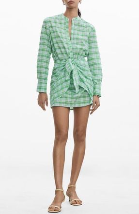 Mango Check Tie Front Long Sleeve Shirtdress in Green at Nordstrom, Size 2