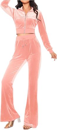 Generic Women Tracksuit Set 2 Piece Slim Fit Velour Velvet High Waist Flared Sweatsuit Casual Cropped Zip Up Hoodie Jacket Comfy Soft Fall Fashion Bell Bottom