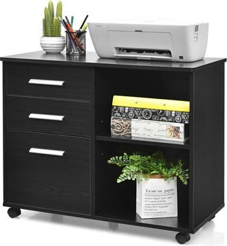 Costway Schedario a 3 Cassetti, Supporto per Stampante con 5 Ruote e Ripiani Aperti Regolabili, Armadietto Multifunzionale per Casa e Ufficio, 81 x