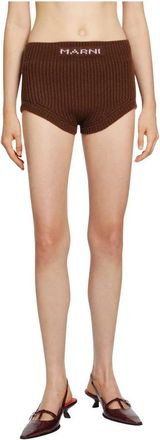 Marni Logo-geborduurde Ribgebreide Minishorts - Dames - Bermuda - Bruin - 2XS - Wol - Korte Broeken