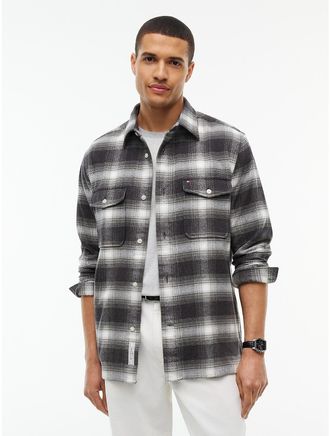 Tommy Hilfiger Mens Classic Fit Plaid Flannel Overshirt - Grey Heather - XXL