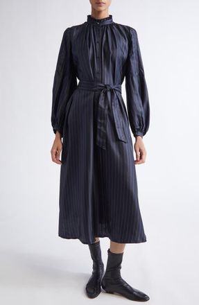 Max Mara Sabbia Pinstripe Long Sleeve Silk Twill Dress in Ultramarine at Nordstrom, Size 10
