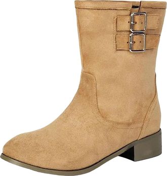 Generic Womens Leisure Ankle Boots Round Toe Med Chunky Heel Slip On Design With A Decorative Buckle Casual Daily Booties