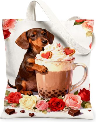 Generic Dog Floral Canvas Tote Bags, Cute Puppy Coffee Pattern Reusable Bags, Vintage Lightweight Washable Shoulder Strap Canvas Fo, White, 13x15 Inch