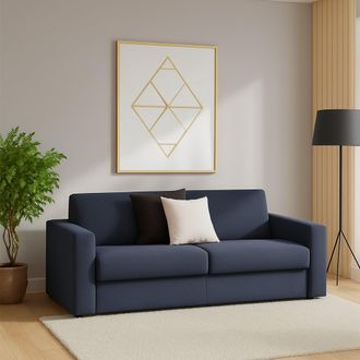 Dmora Sof&aacute; Fijo Selene, Sof&aacute; De 2 Plazas, 100% Made In Italy, Sof&aacute; Sala De Estar, En Tela Acolchada, Con Reposabrazos Delgados, Cm 160x95h90, Azul, Con Emba