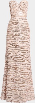 Elie Saab Sequined Chiffon Ruffled Strapless Gown