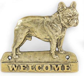 OEM Bulldog Franc&eacute;s: Cartel Para Puerta Con Un Perro, Placa De Bienvenida De Lat&oacute;n, Cartel Exclusivo Con La Palabra Bienvenido De Art-dog