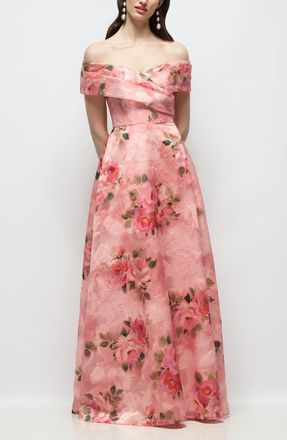 The Dessy Group Karr Floral Jacquard Off the Shoulder Organza Gown in Guava Floral Print at Nordstrom, Size 10