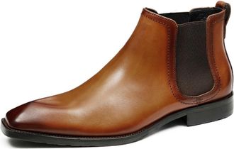 Generic Mens Pull on Chelsea Ankle Boots Square Toe Formal Booties Flat Heel Office Dress Shoes,Brown Single Lining,8.5 UK