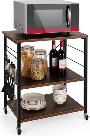 Costway Estante Para Pasteler&iacute;a Con 3 Niveles, Carrito De Cocina Con 10 Ganchos Removibles, Estante Estructura De Metal Con Ruedas Bloqueables - Costway