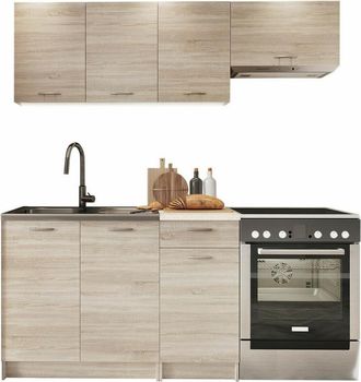 Usinestreet Usinestreet - Conjunto De Cocina Trenton 101, Roble Sonoma + Beige, 180x60cm, Encimera, Aglomerado Laminado, Led