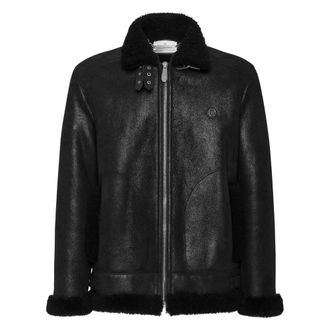 Philipp Plein Shearling Leren Bikerjack - Heren - Leren en Su&egrave;de Jassen - Zwart - L - Katoen - Jassen