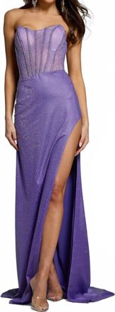 Jovani Strapless Corset Gown With High Slit And Sequin In Purple