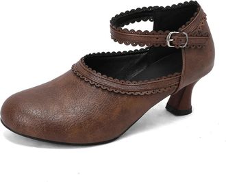 Generic Womens Scalloped Trim Ankle Strap Pumps Round Toe Mid Heels Closed Toe Shoes with Adjustable Buckle Closure PU Leather Upper Cutout Design Comfortable