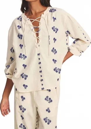 Velvet Winslet Long Sleeve Top In Cream/cobalt
