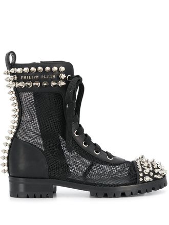 Philipp Plein Stivali stringati con borchie - Nero