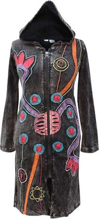 Shopoholic Fashion Slashed Embroidered Goth Vintage Pattern Faded Hippy Festival Hoodie Long Jacket [l,Black]