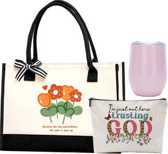 Generic Handbag Set, Personalized Canvas Tote Bag for Women With Insulated Stainless Steel Wine Tumbler and cosmetic bag, Gifts for Women, Mom, Teachers - 43C