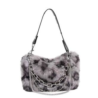 Generic Womens Plush Bags Faux Fur Leopard Shoulder Bag Womens Autumn Winter Chain Handbags Ladies Print Clutch Purses Fluffy Top Handle Bags(Grey)