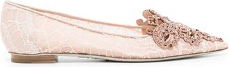 Rene Caovilla crystal-embellished lace ballerina shoes - women - Leather/Other fibres/Calf Leather (top grain) - 38 1/2 - Neutrals