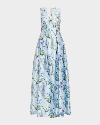 Sachin & Babi Brooke Pleated Floral-Print Mikado Gown