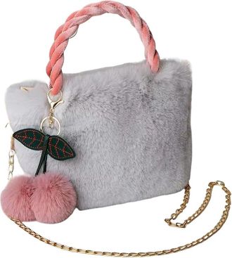 Generic Womens Plush Bags Women Handbags Winter Furry Ladies Soft Plush Clutch Purse Shoulder Bags Female Cherry Pendant Messenger Bag(Grey)