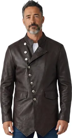 Infinity Leather Mens Black Leather Mandarin Military Assymetrical Jacket - Tauranga