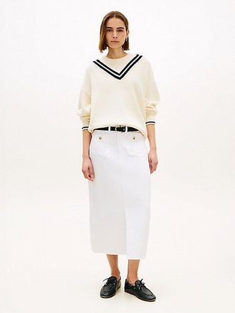 Tommy Hilfiger Gold-Tone Button White Denim Midi Skirt