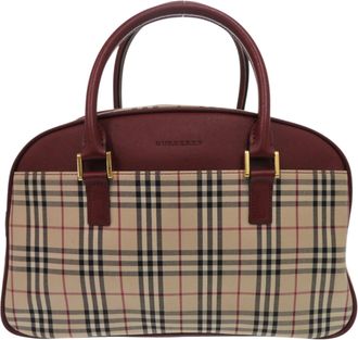 Burberry Beige Black Red Color Canvas Leather Boston Bag (Pre-Owned)