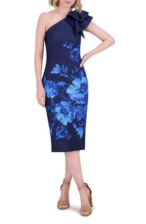 Eliza J Ruffle One-Shoulder Cocktail Dress in Navy Cobalt at Nordstrom Rack, Size 8