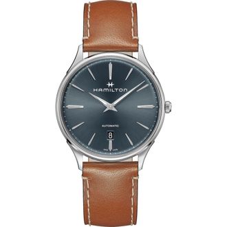 Hamilton Jazzmaster Thinline Automatic Leather Strap Watch, 40mm in Brown/Blue/Silver at Nordstrom