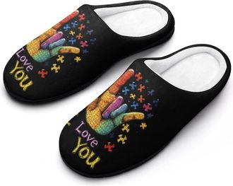 Generic ASL Love Sign Autism Support Mens House Slippers Memory Foam Washable Cotton Slip on Home Shoes