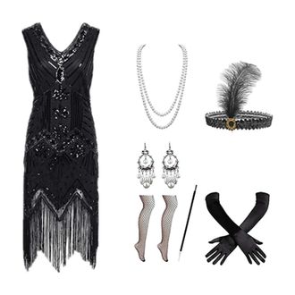 Generic Womens 1920s Tassel Sequins Dance Costume Samba Rumba Tango Dance Dress Vintage Flapper Cocktail Dress Sexy V-Neck, Cocktail Dresses 1920s with 20s Ac