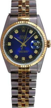 Rolex Mens Datejust 2 Tone Blue Diamond Dial 18k Fluted Bezel 36mm Watch 16233