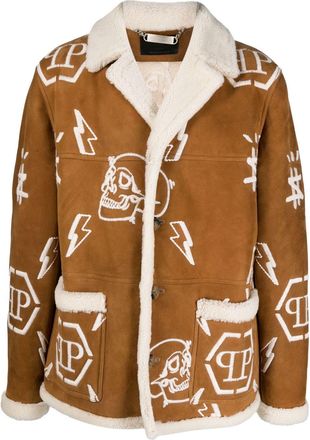 Philipp Plein logo-embroidered suede coat - men - Calf Leather - S - Brown
