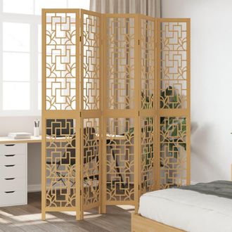 vidaXL Biombo Separador De 5 Paneles Madera Maciza Paulownia Marr&oacute;n Vidaxl