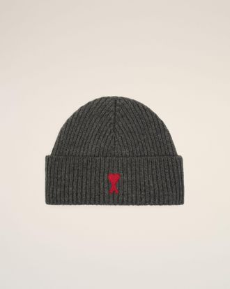 Ami Grey Wool Beanie With Contrasted Ami De Coeur Grey - OS - Unisex