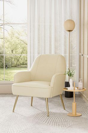 Living and Home Beige Velvet Upholstered Accent Chair Lounge Chair with Gold Plated Feet in White