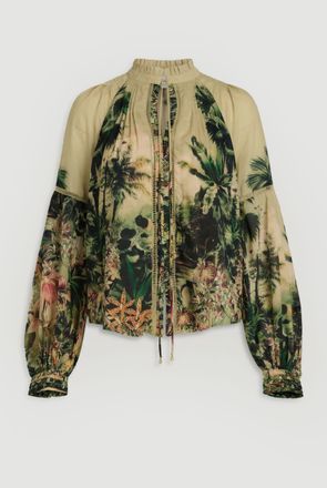 Karen Millen Womens Botanical Print Woven Balloon Sleeve Blouse - Green - Size 10 UK