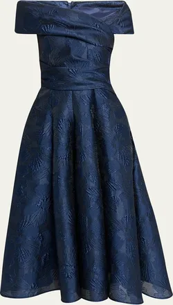 Talbot Runhof Off-Shoulder Jacquard Dress with Pockets