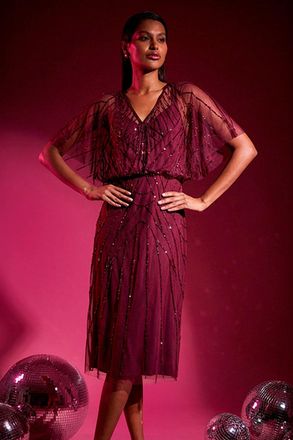 Roman Embellished V-Neck Midi Dress