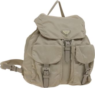 Prada Vela Double Front Pocket Backpack Tessuto With Saffiano Leather Silver Nylon Backpack Bag (Pre-Owned)