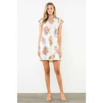 THML Clothing Floral Flutter Sleeve Mini Dress With Pom Trim In Cream