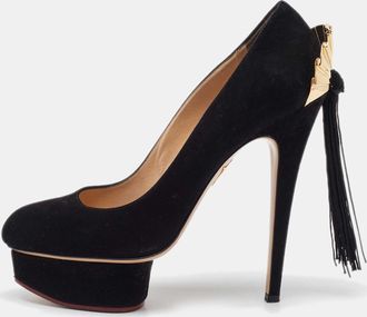 Charlotte Olympia Black Suede Dolly Tassel Detail Platform Pumps