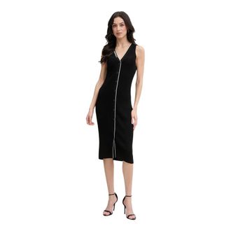 Karl Lagerfeld Kleedjes, Dames, Zwart, XL, Leer, Midi jurk van ribgebreide stof met V-hals