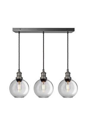 Industville Brooklyn Tinted Glass Globe 3 Wire Cluster Lights, 7 inch, Smoke Grey, Pewter holder