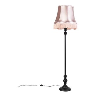 QAZQA Qazqa Cl&aacute;sico/antiguo L&aacute;mpara De Pie Negra Pantalla Granny Rosa - Classico Textil /acero /madera Alargada Adecuado Para Led Max. 1 X 40 Watt