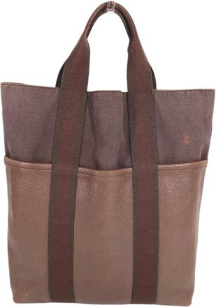 Herm&egrave;s Brown Leather Canvas Handbag Tote Bag (Pre-Owned)