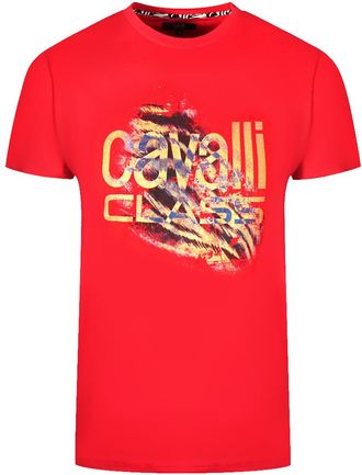 Cavalli Mens Slashed Tiger Print Bold Logo Red T-Shirt Cotton - Size X-Large